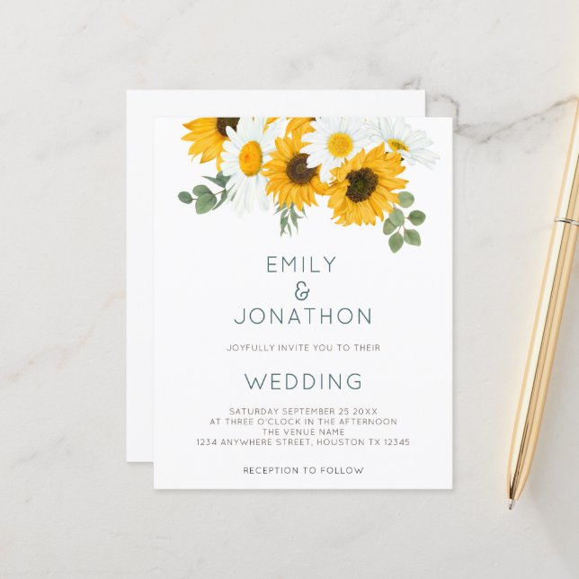Papier Budget Boho Sunflower Foliage Faire-part de mariag (Devant/Arrière en situation)