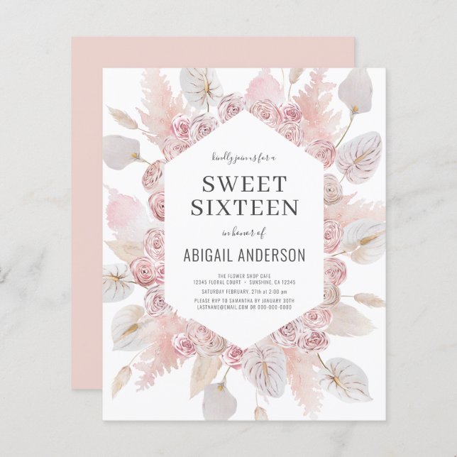 Papier Budget Boho Sweet sixteen Invitation moderne (Devant / Derrière)