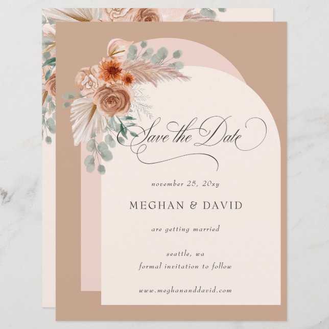 Papier Budget Boho Terracotta Pampas Enregistrer la date (Devant / Derrière)