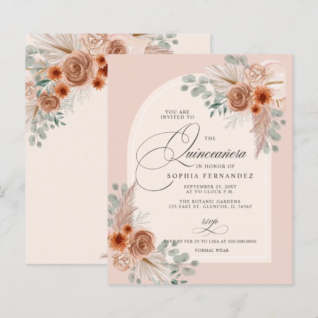 Papier Budget Boho Terracotta Pampas Quinceanera Invitati (Devant / Derrière)