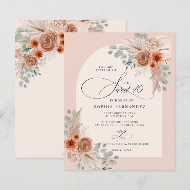Papier Budget Boho Terracotta Pampas Sweet 16 Invitation (Devant / Derrière)