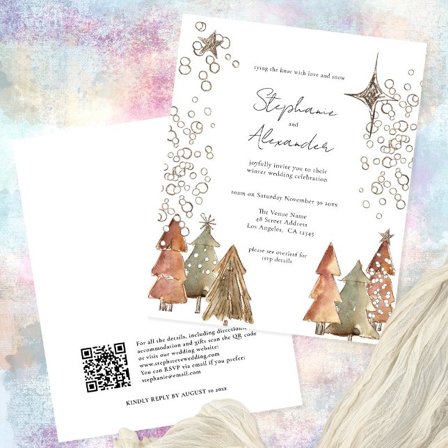 Papier Budget Boho Trees étoiles QR Code Mariage de Noël (Front and back view)