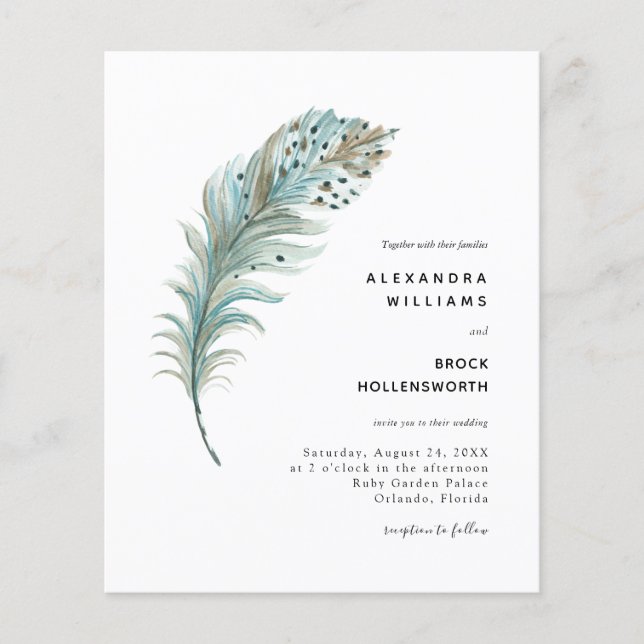 Papier Budget Boho Turquoise Plumes bleu Mariage minimal (Devant)