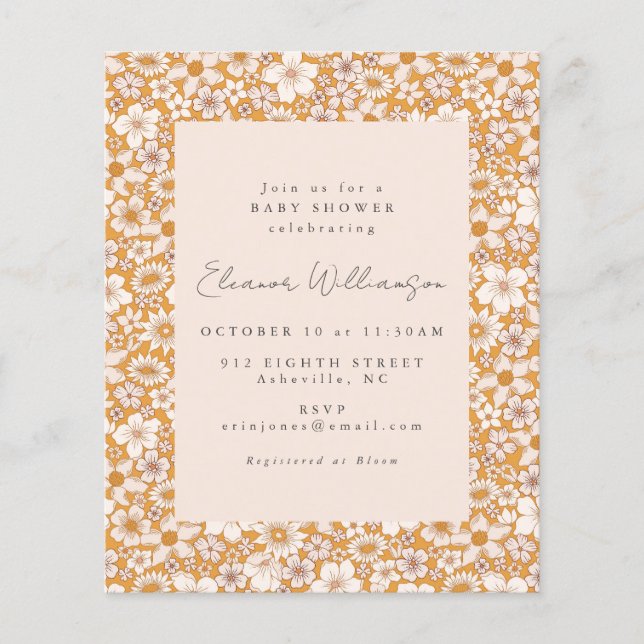 Papier Budget Boho Yellow Floral Baby shower Invitation (Devant)