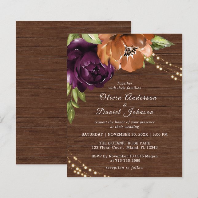 Papier Budget Bois Rustique Floral Faire-part de mariage (Devant / Derrière)