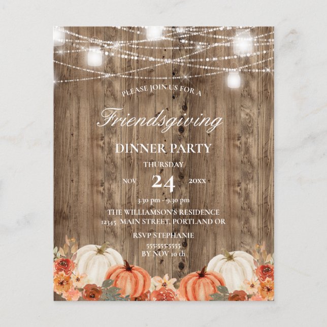 Papier Budget Bois Rustique Floral Friendsgiving Dîner (Devant)