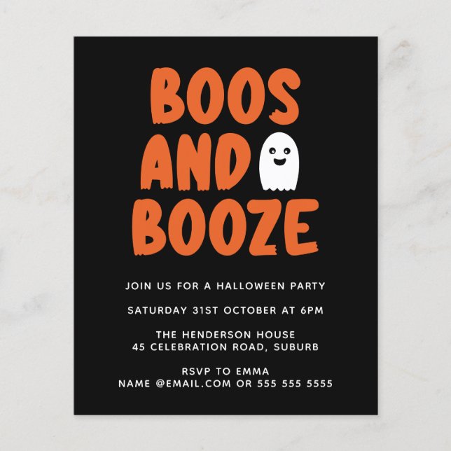Papier Budget Boos & Booze mignon Ghost Halloween Invitat (Devant)