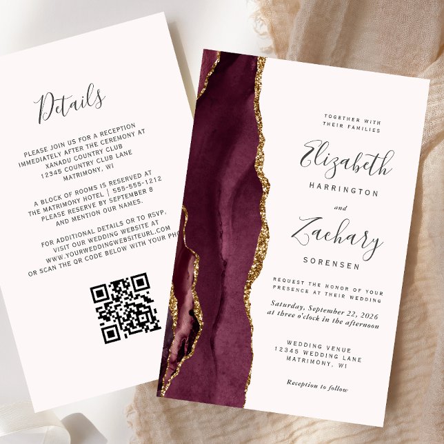 Papier Budget Bourgogne Agate Blush QR Code Mariage (Créateur téléchargé)