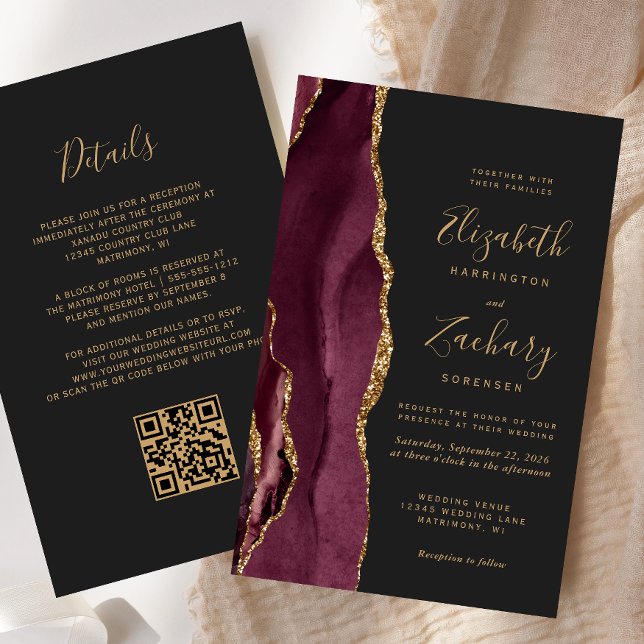 Papier Budget Bourgogne Agate Dark QR Code Mariage (Créateur téléchargé)