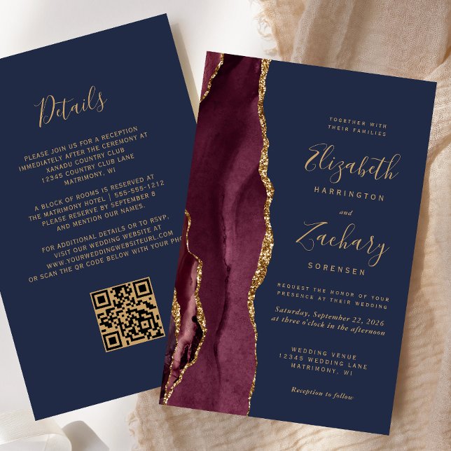Papier Budget Bourgogne Agate Marine Blue QR Code Mariage (Créateur téléchargé)