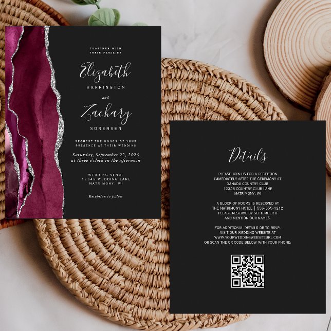 Papier Budget Bourgogne Argent Agate Dark QR Code Mariage (Créateur téléchargé)