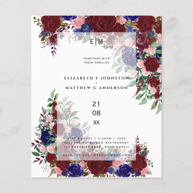 Papier Budget Bourgogne bleu rose rose mariage floral inv (Devant)