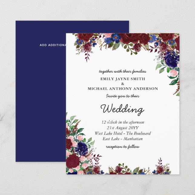 Papier Budget Bourgogne Blue Floral Mariage Invite (Devant / Derrière)