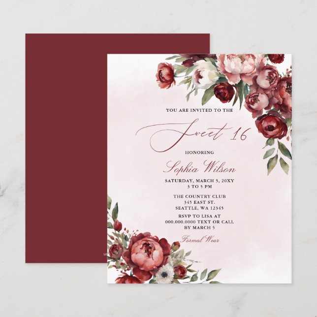 Papier Budget Bourgogne Blush Floral Sweet 16 Invitation (Devant / Derrière)