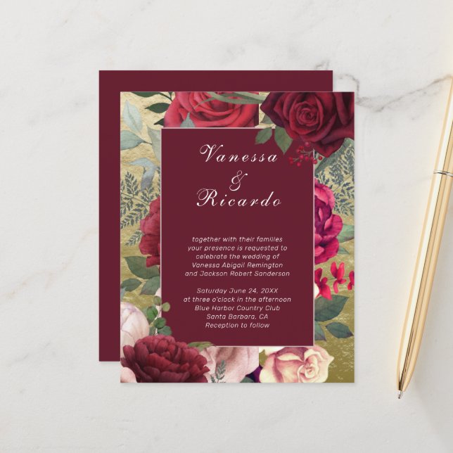 Papier Budget Bourgogne Blush Red Roses Faire-part de mar (Devant/Arrière en situation)
