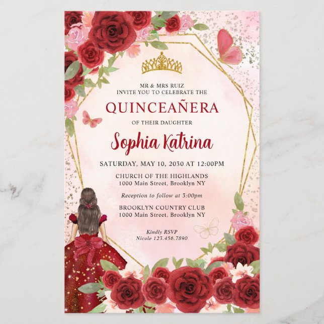 Papier Budget Bourgogne Floral Or Princesse Quinceañera (Devant)