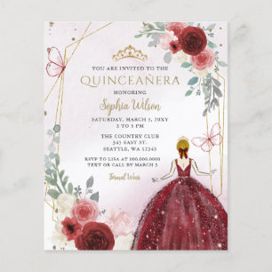 Papier Budget Bourgogne Floral Princesse Quinceañera Invi