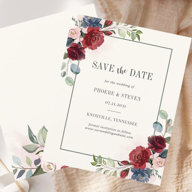 Papier Budget Bourgogne Floral Rustic Enregistrer la date (Burgundy Floral Rustic Wedding Save the Date)