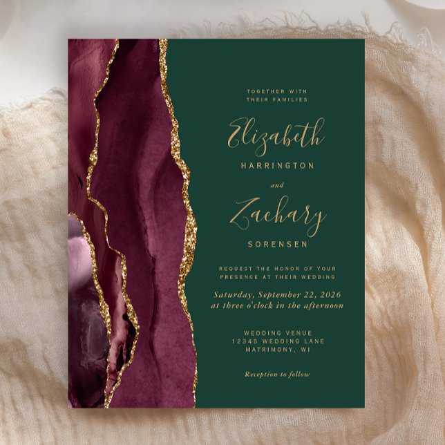 Papier Budget Bourgogne Gold Agate Green Wedding Invitati (Créateur téléchargé)