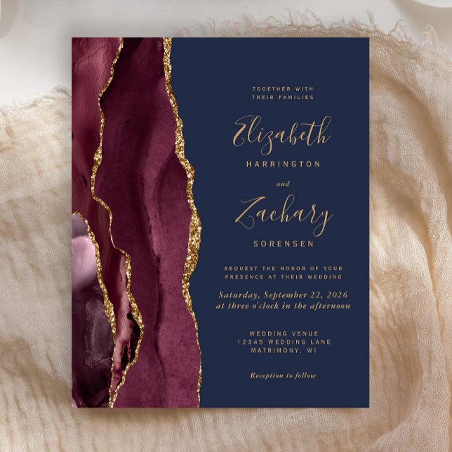 Papier Budget Bourgogne Gold Agate Marine Wedding Invitat (Créateur téléchargé)