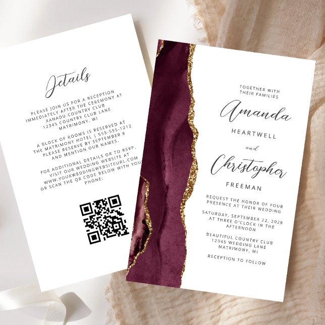 Papier Budget Bourgogne Gold Agate QR Code Mariage (Créateur téléchargé)