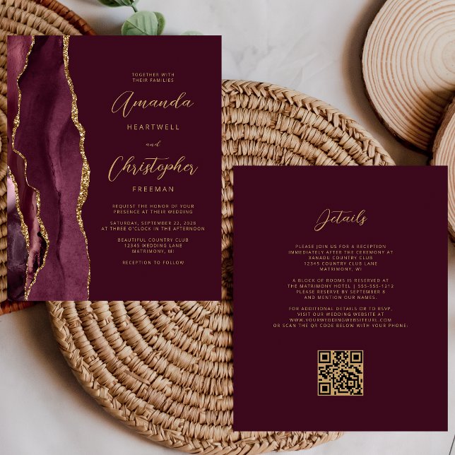 Papier Budget Bourgogne Gold Agate QR Code Mariage Invita (Créateur téléchargé)