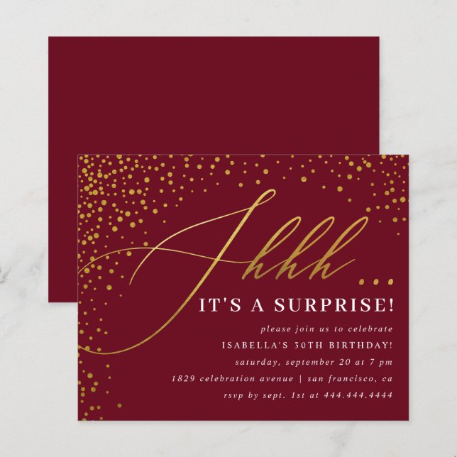 Papier Budget Bourgogne & Gold Confetti Surprise Party (Devant / Derrière)