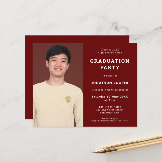 Papier Budget Bourgogne Grad Photo Invitation de graduati (Devant/Arrière en situation)