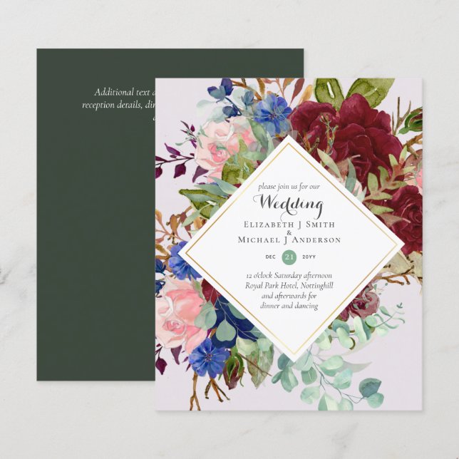 Papier BUDGET Bourgogne Marine Floral Wedding Invitations (Devant / Derrière)