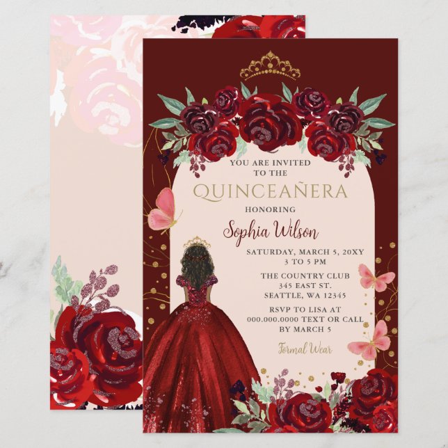 Papier Budget Bourgogne Or Floral Princesse Quinceañera (Devant / Derrière)