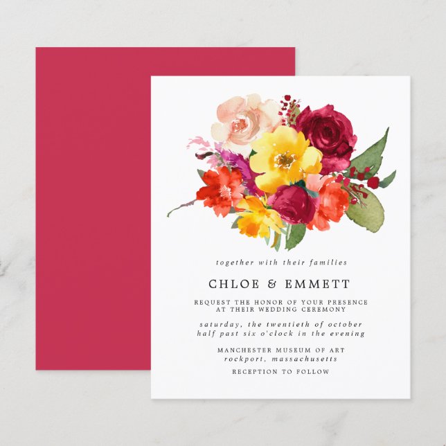 Papier Budget Bourgogne Orange Jaune Rose Mariage Inviter (Devant / Derrière)