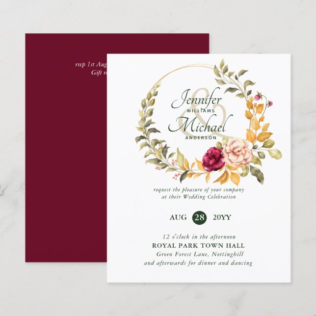 Papier BUDGET Bourgogne Pêcher Floral Invitations de mari (Devant / Derrière)