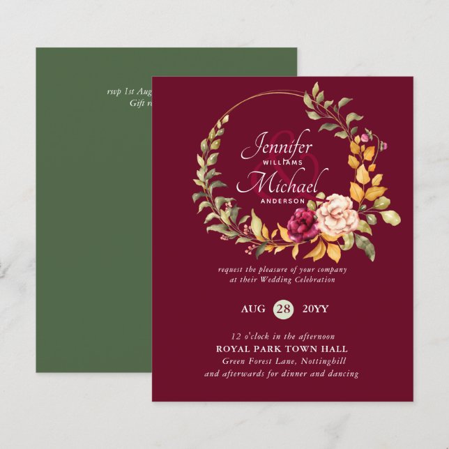 Papier BUDGET Bourgogne Pêcher Floral Invitations de mari (Devant / Derrière)