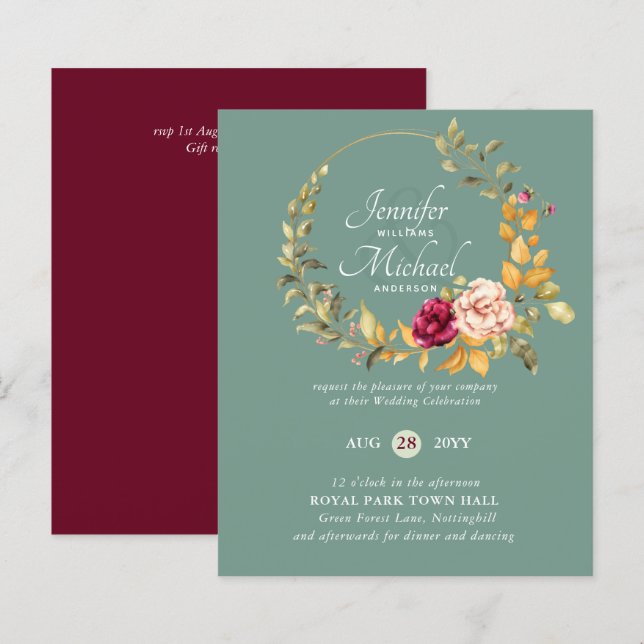 Papier BUDGET Bourgogne Pêcher Floral Invitations de mari (Devant / Derrière)