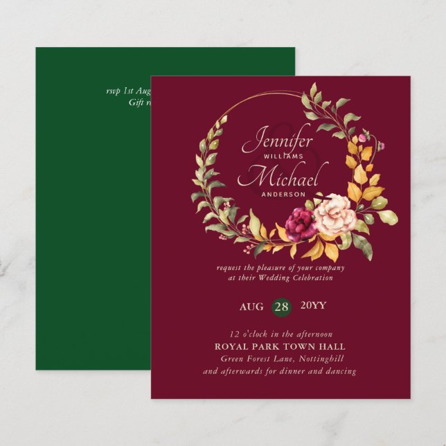 Papier BUDGET Bourgogne Pêcher Floral Invitations de mari (Devant / Derrière)