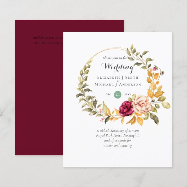 Papier BUDGET Bourgogne Pêcher Floral Invitations de mari (Devant / Derrière)