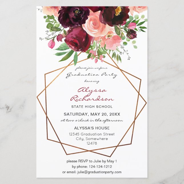 Papier Budget Bourgogne & Pink Floral Fr Grad Party Photo (Devant)