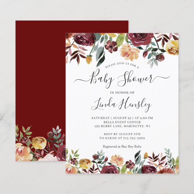 Papier Budget Bourgogne Rouge Floral Baby Shower Invitati (Devant / Derrière)