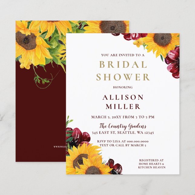 Papier Budget Bourgogne Rustique Douche nuptiale Invitati (Devant / Derrière)
