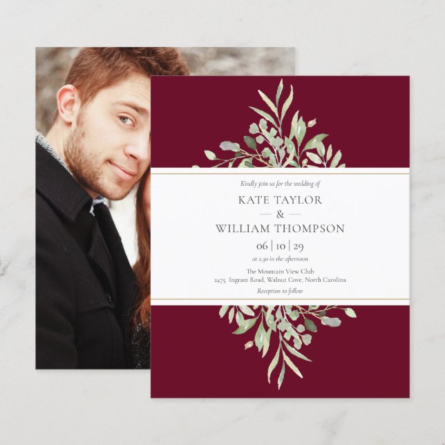 Papier Budget Bourgogne verte Mariage Photo Invitation (Devant / Derrière)