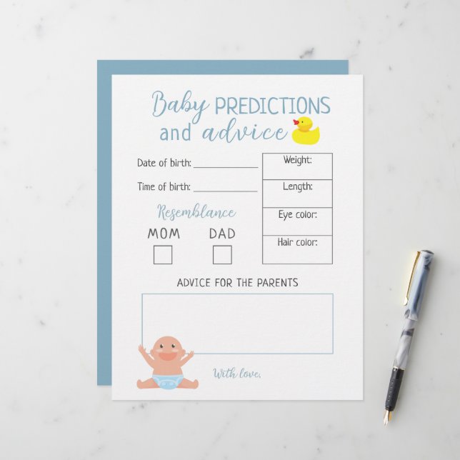 Papier Budget Boy Baby Predictions Et Conseils Jeu Quiz (Devant/Arrière en situation)