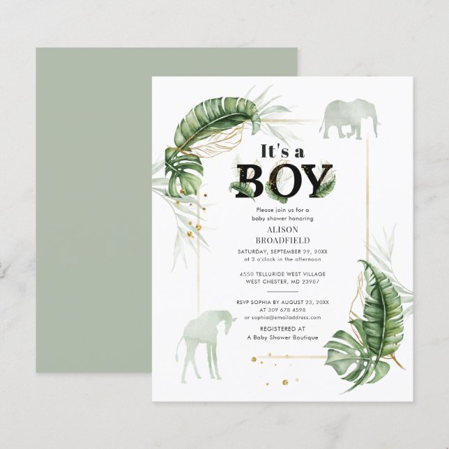 Papier Budget Boy Baby shower Elephant Giraffe Invitation (Devant / Derrière)