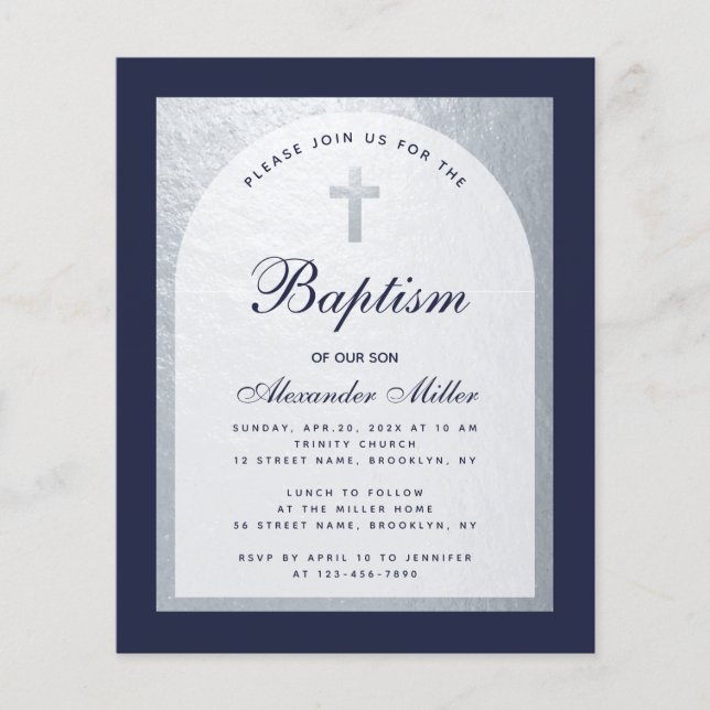 Papier Budget Boy Baptism Silver Navy Blue Invitation (Devant)