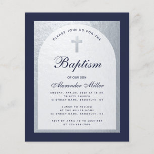 Papier Budget Boy Baptism Silver Navy Blue Invitation