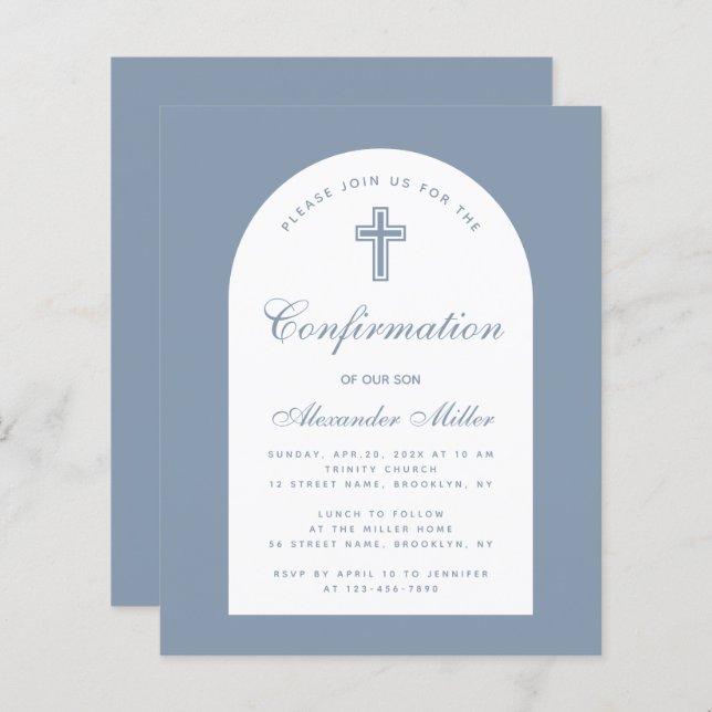 Papier Budget Boy Dusty Blue Arch confirmation Invitation (Devant / Derrière)