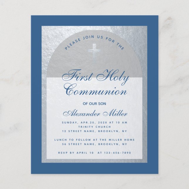 Papier Budget Boy First Communion Blue Silver Invitation (Devant)