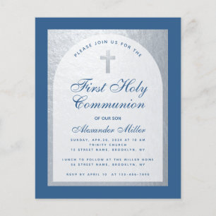 Papier Budget Boy First Communion Blue Silver Invitation