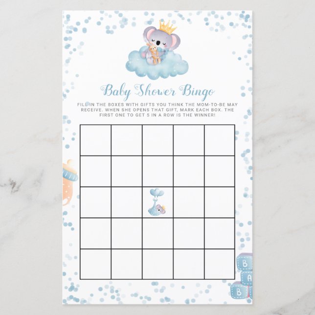 Papier Budget Boy Koala Bear Blue Baby shower Bingo Card (Devant)