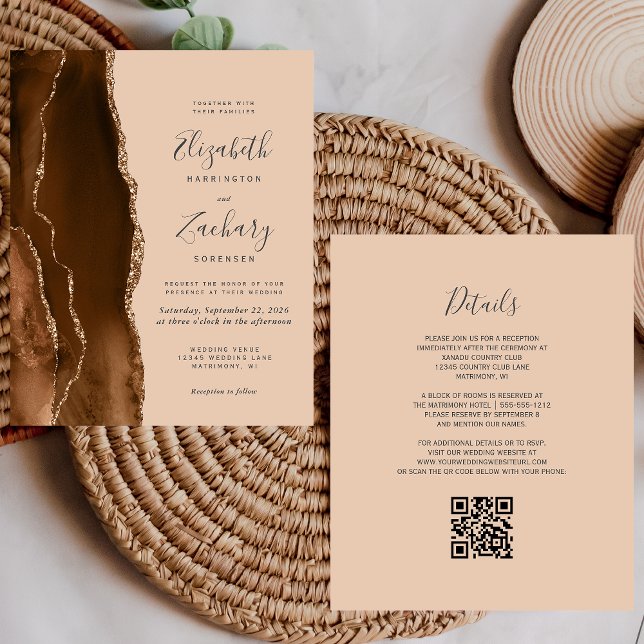 Papier Budget Brown Gold Agate Tan QR Code Mariage Invita (Créateur téléchargé)