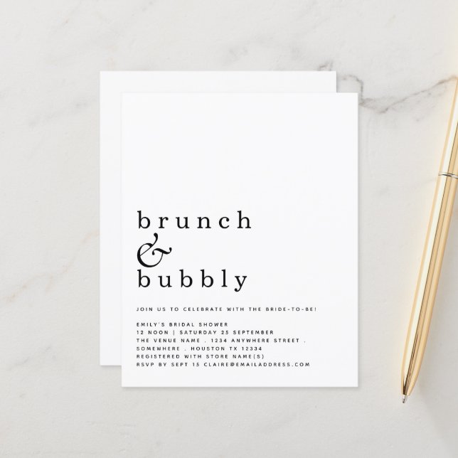 Papier Budget Brunch Bubbly Simple Fête des mariées Invit (Devant/Arrière en situation)